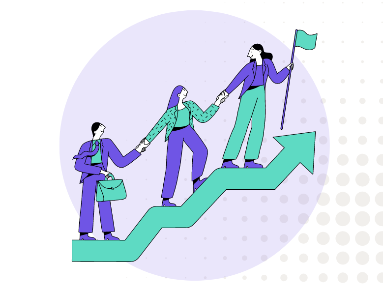 Graphic illustration of employees climbing an arrow upwards, with a flag at the top