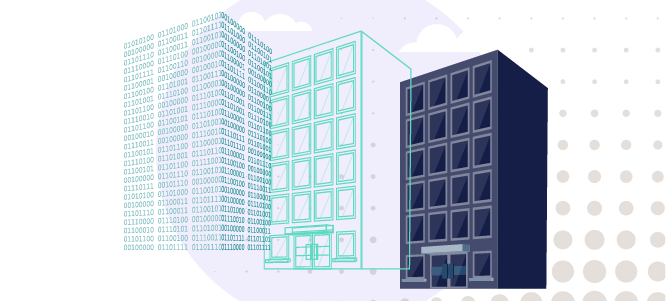 Graphic illustration showing a building, its digital twin and a third representation in binary