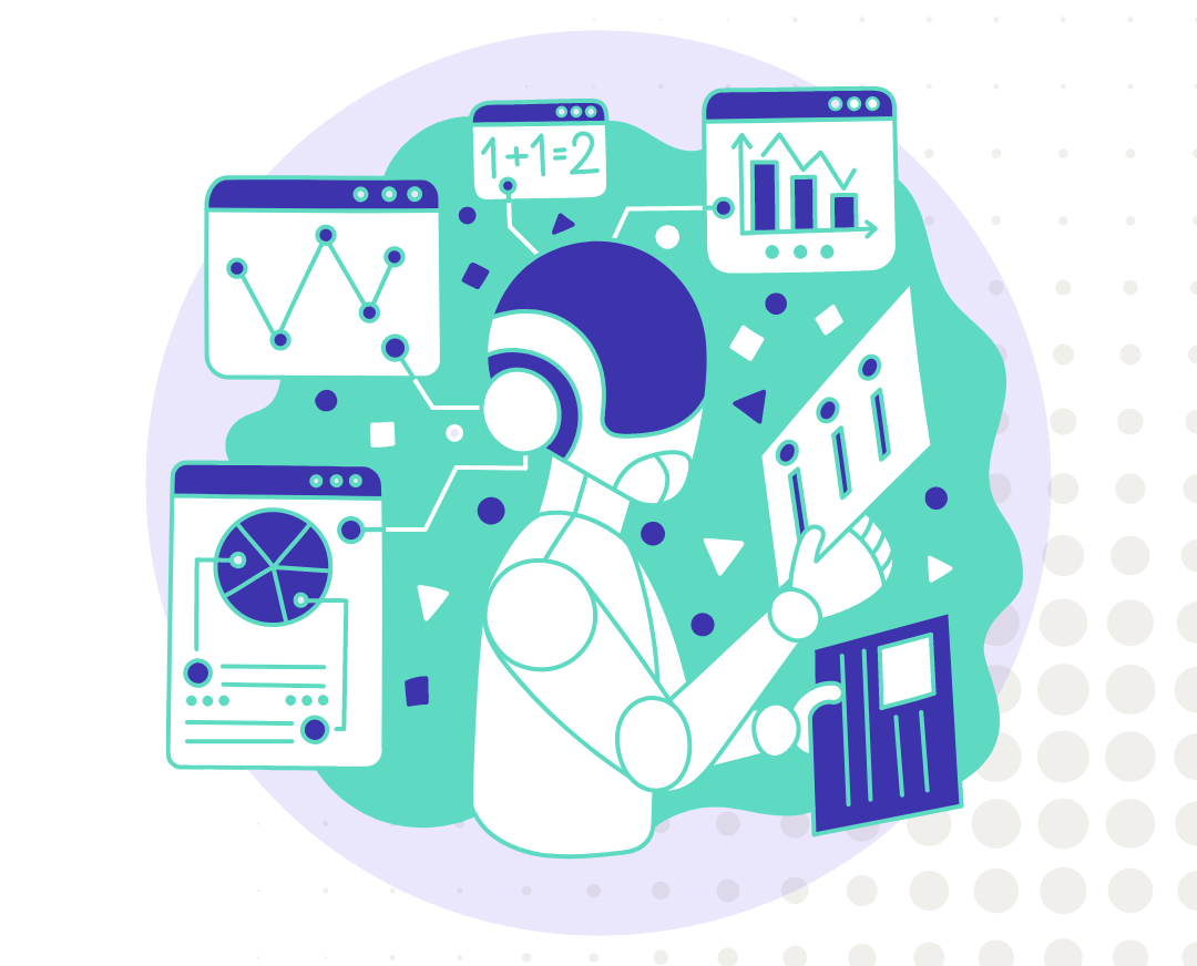 Graphic illustration of robot/AI looking at business data