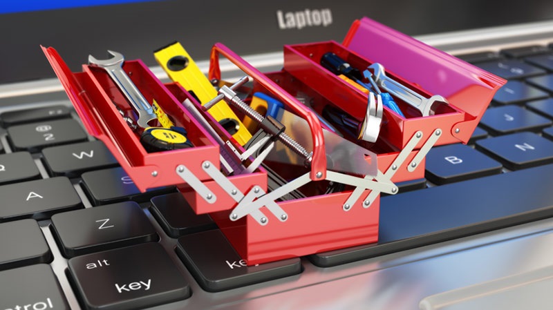 minature toolkit on a keyboard