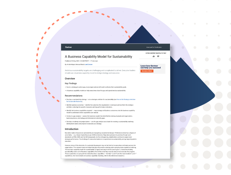 Visual representation of a Gartner report titled "A Business Capability Model for Sustainability," highlighting key findings and recommendations.
