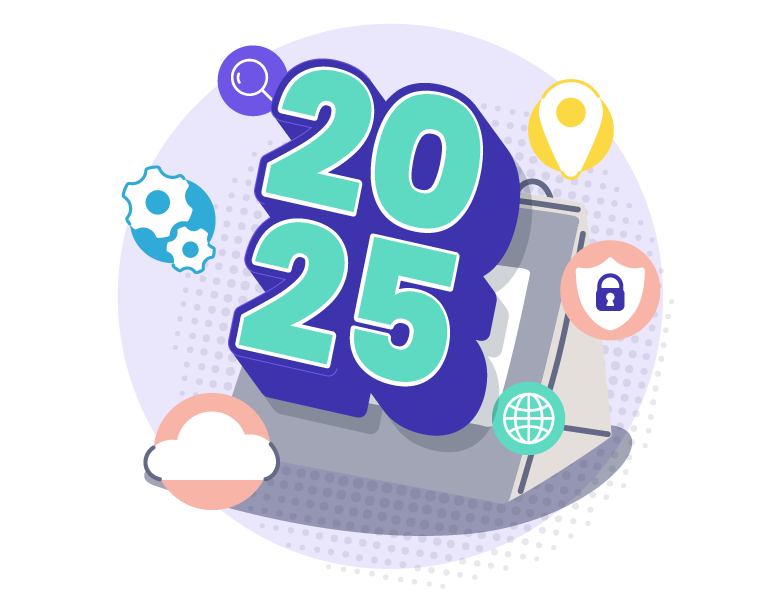 Illustration of a calendar displaying the year "2025" in bold, teal numbers with a purple background. Surrounding the calendar are icons representing technology trends: a cloud, gears, a location pin, a globe, and a security shield with a lock.