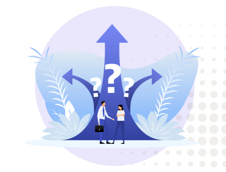 A digital illustration showing two businesspeople standing at a crossroads, with three oversized arrows pointing in different directions above them, surrounded by question marks and decorative foliage.