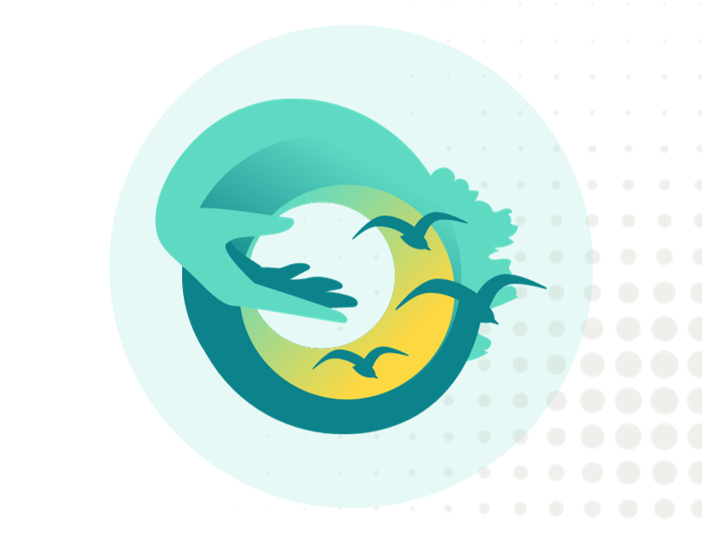 A graphic representation of Orbus Software's logo, featuring a stylized letter 'O' with elements suggesting a caring hand, green leaves, and blue waves, symbolizing the company's commitment to sustainability and positive global impact.