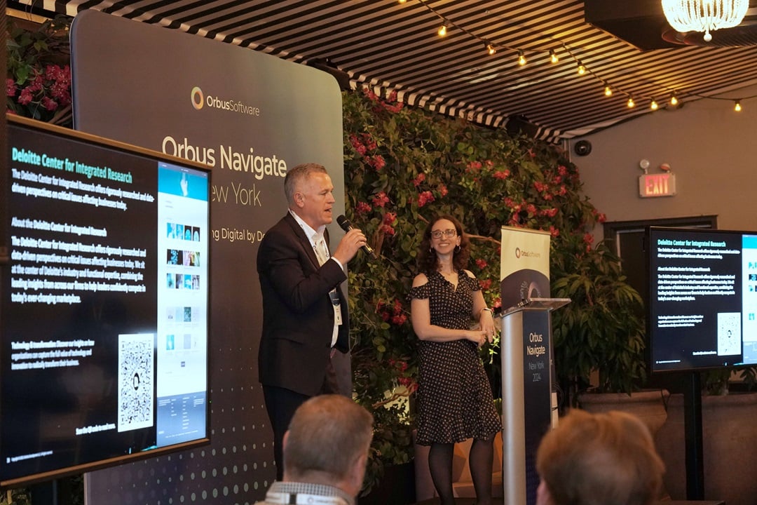 Gareth Burton, CEO of Orbus Software, and Diana Kearns-Manolato, Research Leader at Deloitte USA, are presenting at the Orbus Navigate event in New York