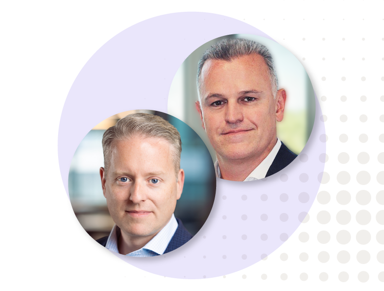 Headshots of Orbus Software CEO Gareth Burton (right) and Tim Smith, US leader for Monitor Deloitte’s Technology Strategy & Business Transformation Practice (left), displayed side by side with a dotted, colorful design in the background.
