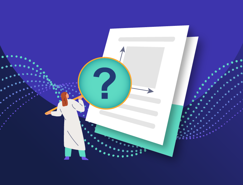 Illustration featuring a person in a lab coat holding a large magnifying glass that highlights a question mark on a document. The document shows an abstract layout with arrows and text, symbolizing analysis or investigation.