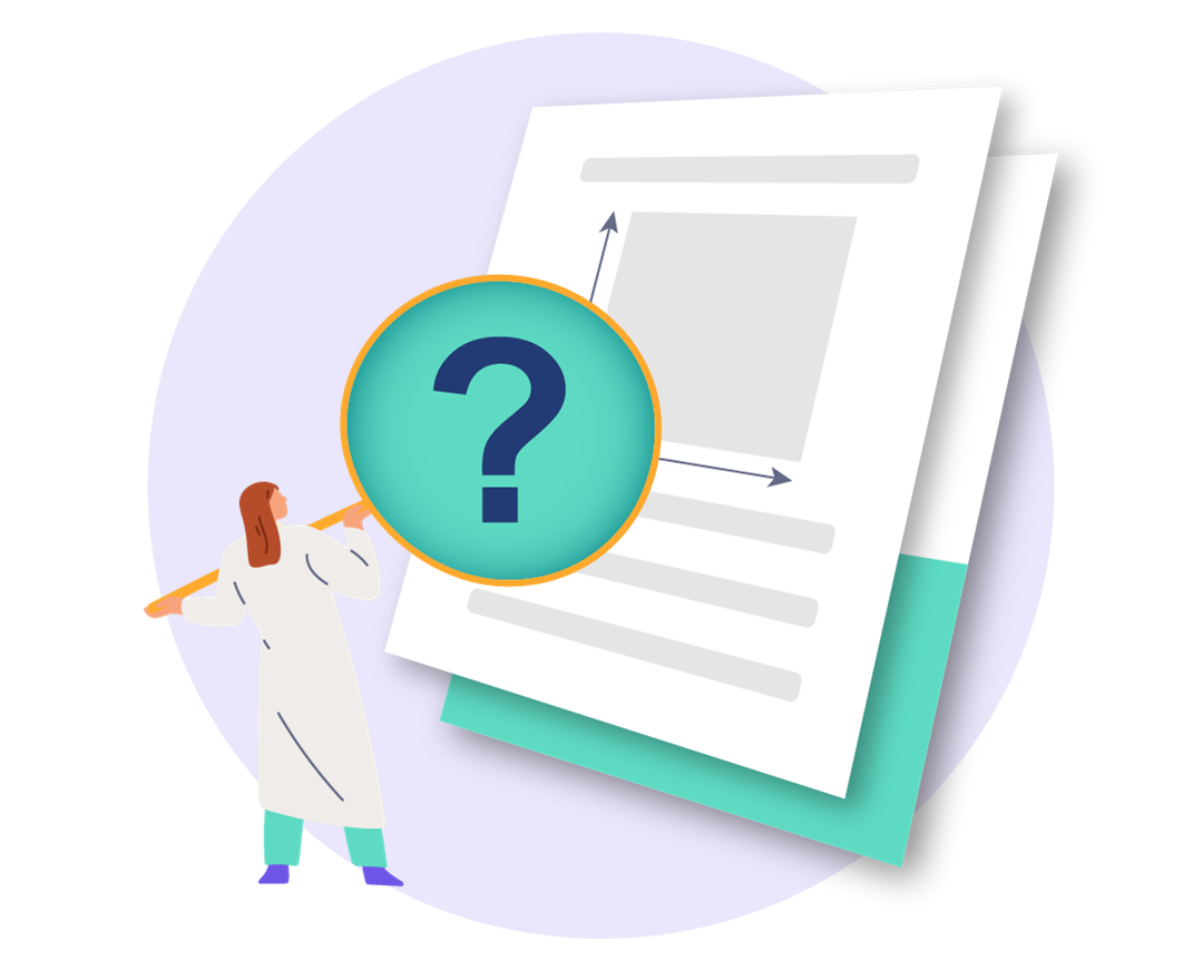 Illustration featuring a person in a lab coat holding a large magnifying glass that highlights a question mark on a document. The document shows an abstract layout with arrows and text, symbolizing analysis or investigation.