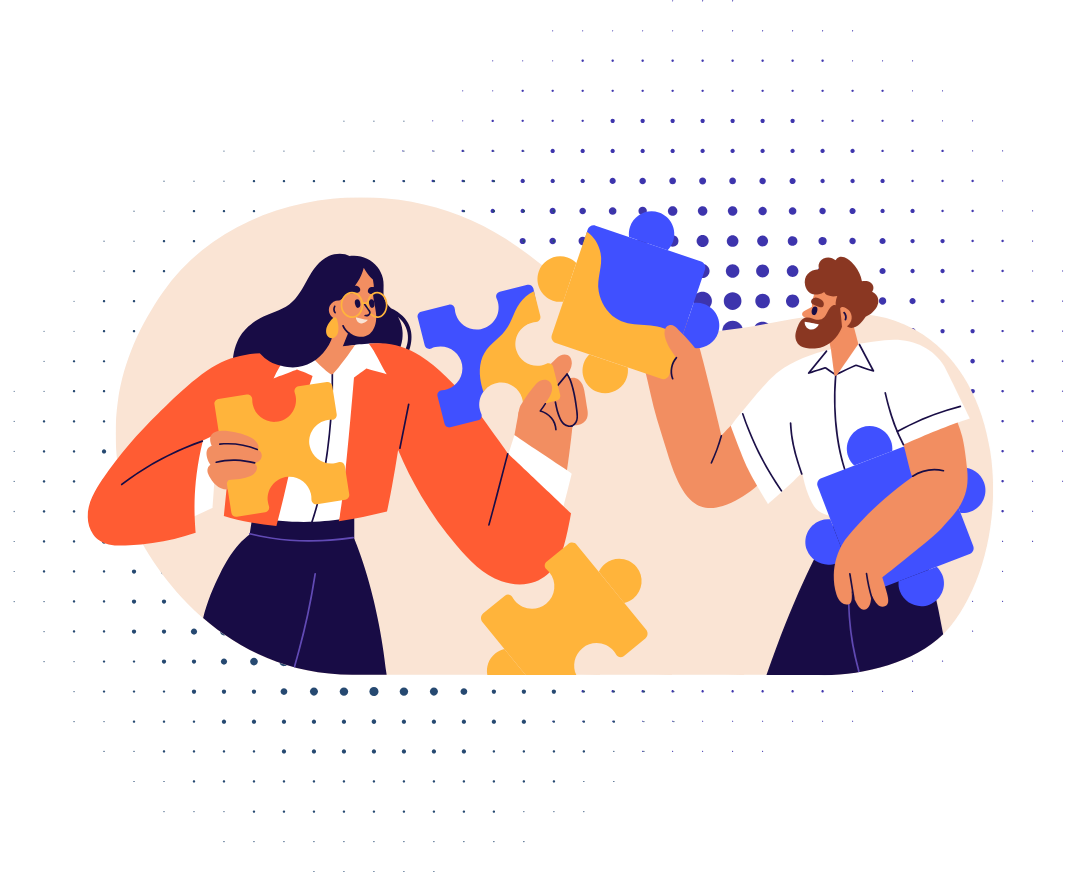 Illustration of two professionals collaborating by assembling oversized puzzle pieces, symbolizing teamwork, partnership, and problem-solving.