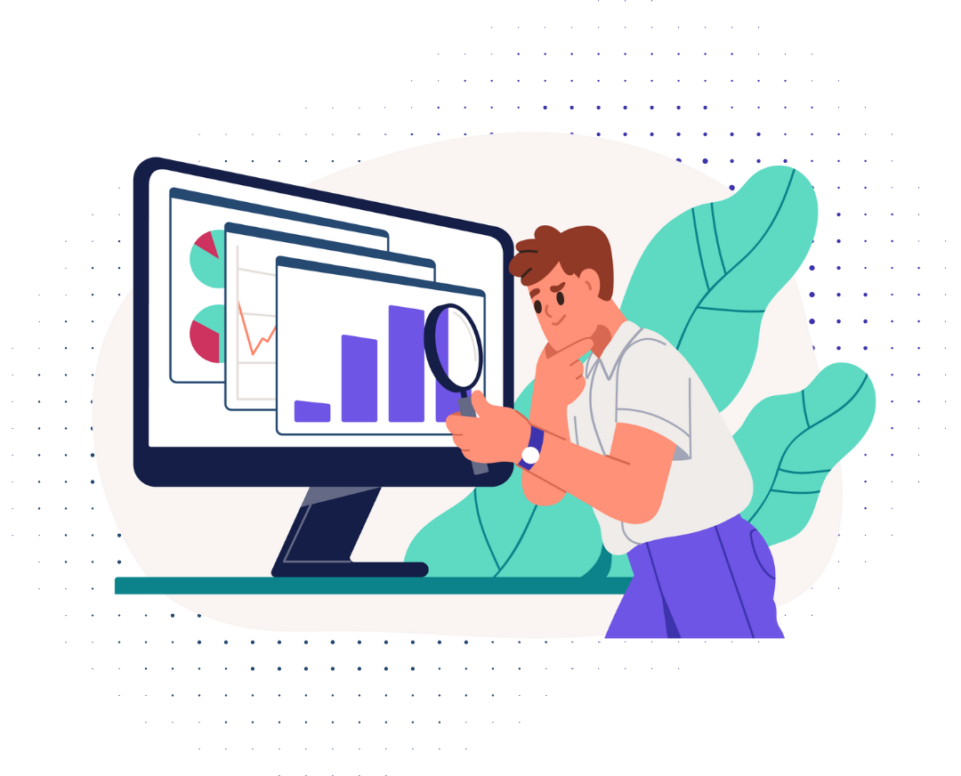 Graphic illustration of a man inspecting a graph on a computer screen