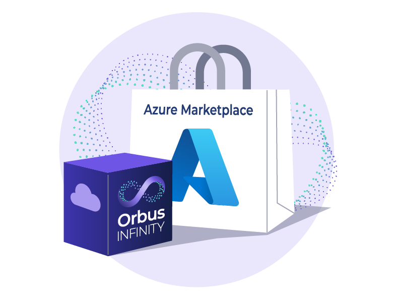 Illustration of a shopping bag labeled "Azure Marketplace" with the Microsoft Azure "A" logo, next to a cube featuring the OrbusInfinity logo and a cloud icon, representing the availability of OrbusInfinity on the Microsoft Azure Marketplace.