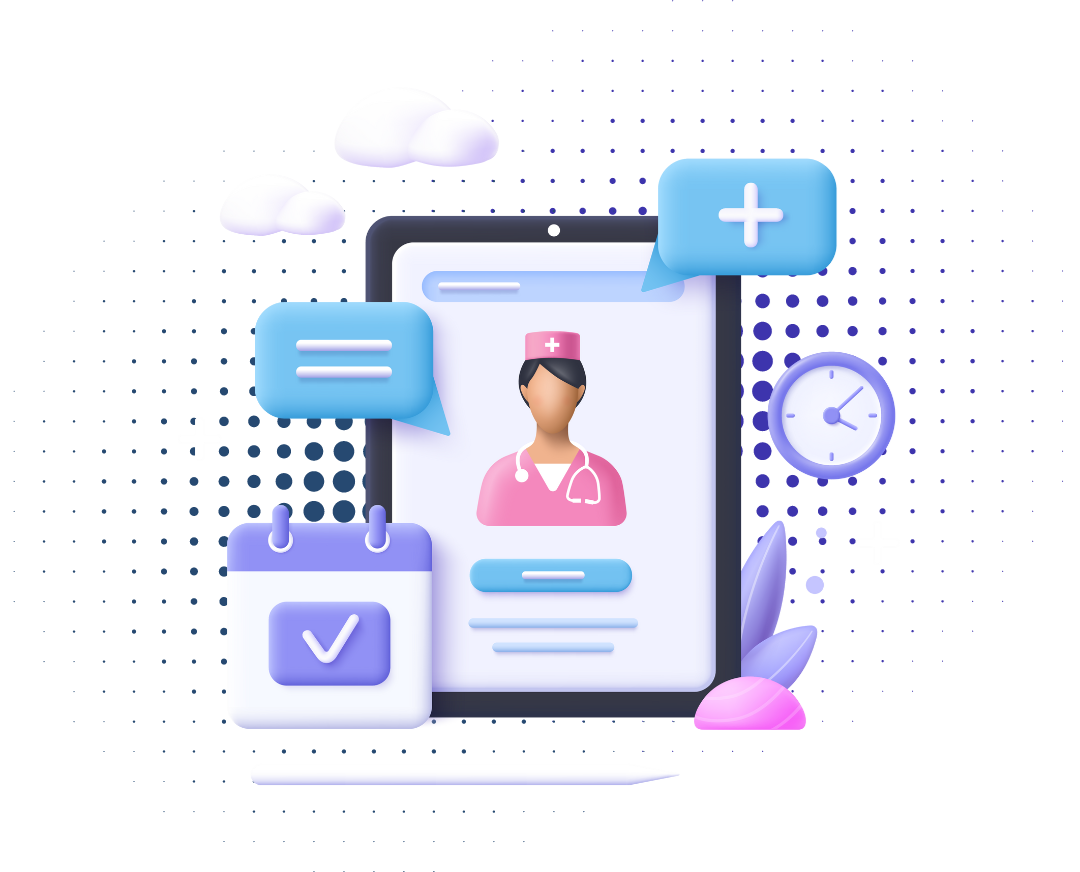3D illustration of a healthcare professional on a tablet screen, with chat bubbles, a calendar, and a clock. Represents digital tools in healthcare.