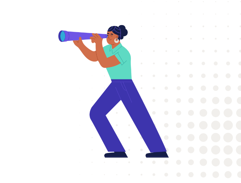 Graphic illustration of woman looking through telescope, beyond tech