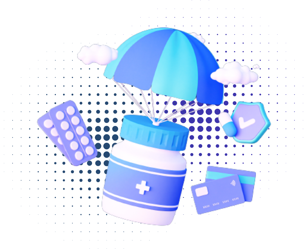 Graphic illustration of medicine bottle attached to a parachute, with clouds, pills, and credit cards around