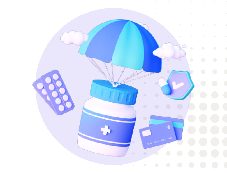 Graphic illustration of medicine bottle attached to a parachute, with clouds, pills, and credit cards around