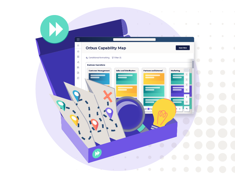 Illustration of an 'Orbus Capability Map' dashboard with categories like 'Customer Management' and 'Marketing.' Surrounding elements include a map, pins, a magnifying glass, a light bulb, and gears, symbolizing navigation, innovation, and strategy."