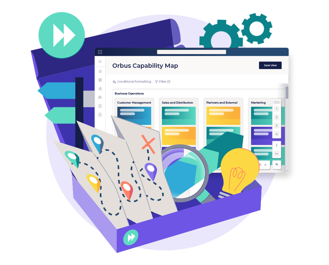 Graphic illustration of Business Capability Management starter kit box containing maps, magnifying glass, lightbulb and more