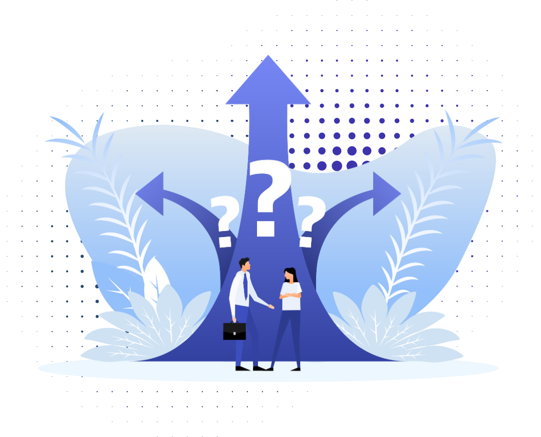 A digital illustration showing two businesspeople standing at a crossroads, with three oversized arrows pointing in different directions above them, surrounded by question marks and decorative foliage.