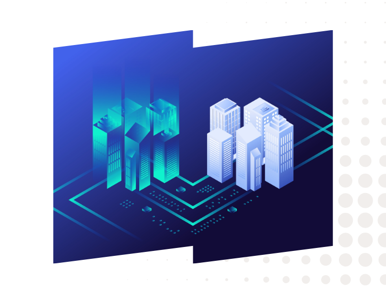 Stylized digital illustration of two groups of buildings connected by digital pathways, one in blue/green to represent it's digital format, and one in traditional white/grey