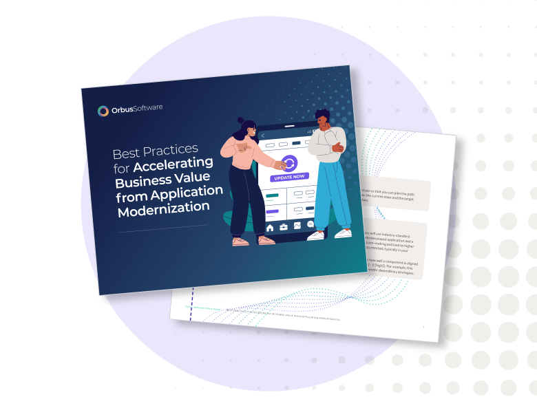 Promotional graphic for an e-book titled "Best Practices for Accelerating Business Value from Application Modernization", with illustration of two characters pointing at a screen that says "Update Now."