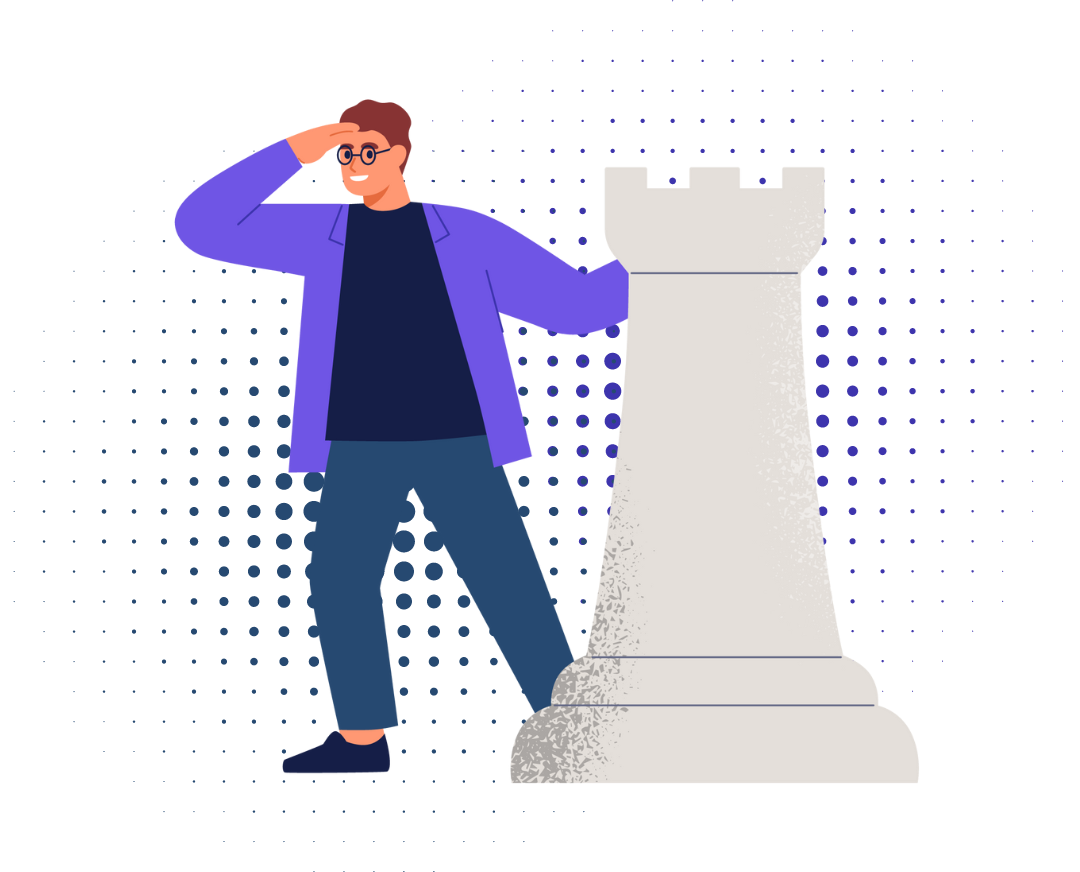 Graphic illustration of person holding onto a chess piece and looking into the distance