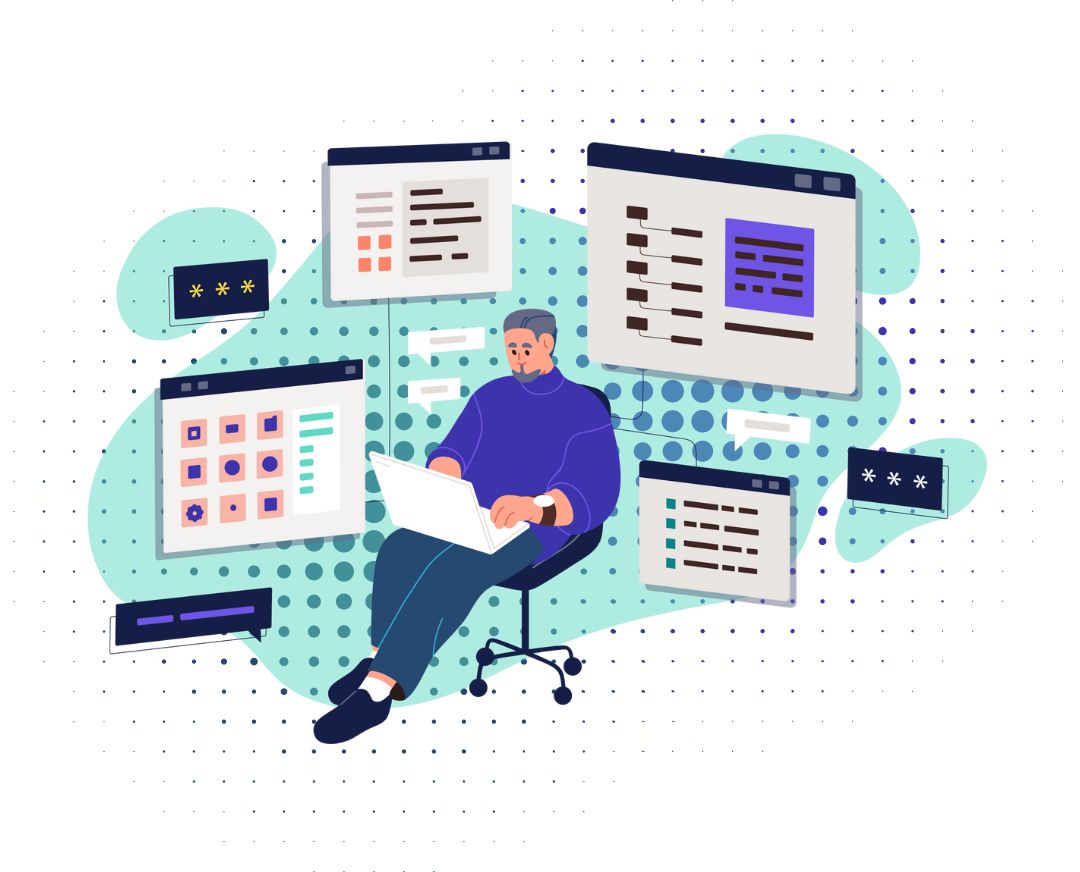 Graphic illustration of a person on their laptop with multiple apps open