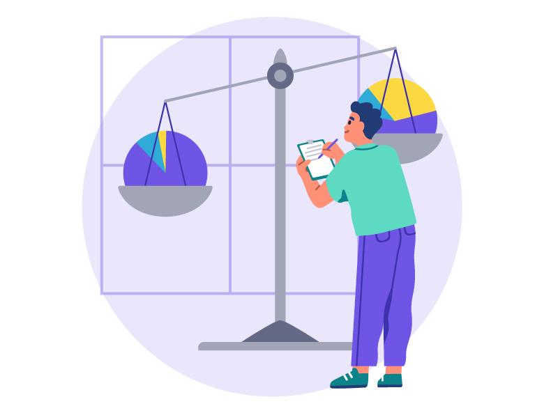 Illustration of a person standing next to a large balance scale. The person is observing one side of the scale, which is holding various colored pie chart segments.
