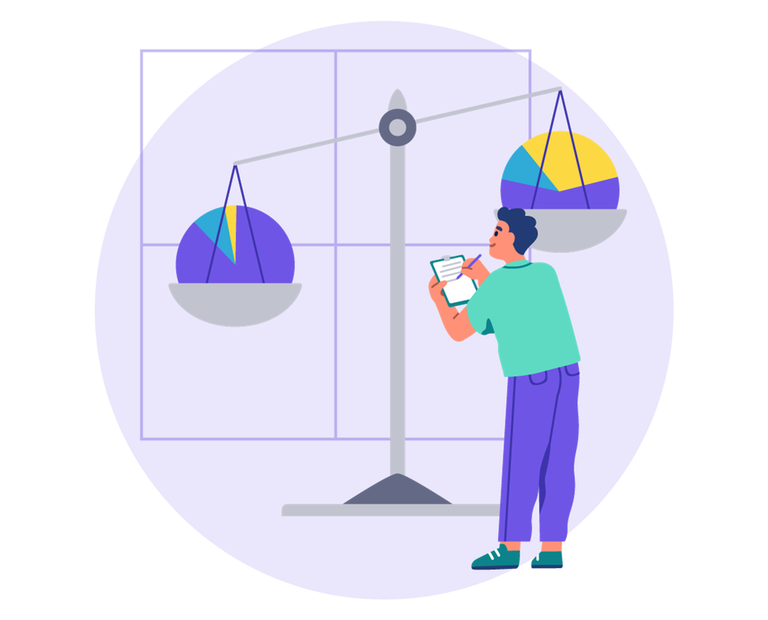 Illustration of a person standing next to a large balance scale. The person is observing one side of the scale, which is holding various colored pie chart segments.