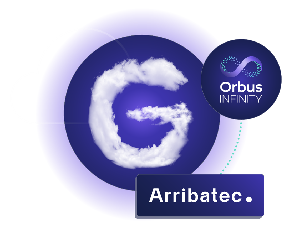 A stylized 'G' made of clouds, symbolizing cloud technology, with the OrbusInfinity logo in the top right corner. Below, the name 'Arribatec' is displayed in a dark blue box, highlighting the collaboration between Orbus Software and Arribatec.