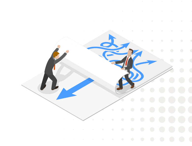 Graphic illustration of a two people lifting a sheet of paper, turning from a chaotic mess of arrows to one straight arrow