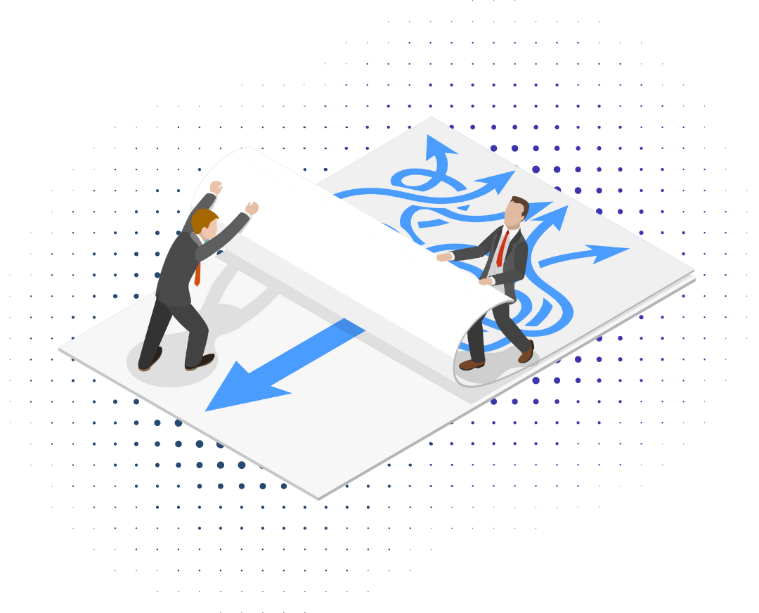 Graphic illustration of a two people lifting a sheet of paper, turning from a chaotic mess of arrows to one straight arrow