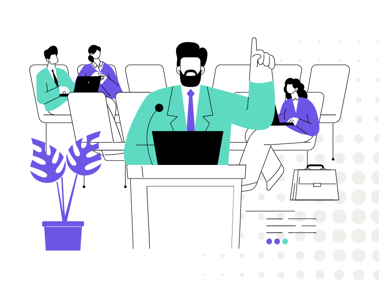 Illustration of a government representative speaking at a podium with one hand raised, addressing an audience. The audience members are seated with laptops, engaging with the presentation. The illustration uses a color scheme of teal, purple, and white.
