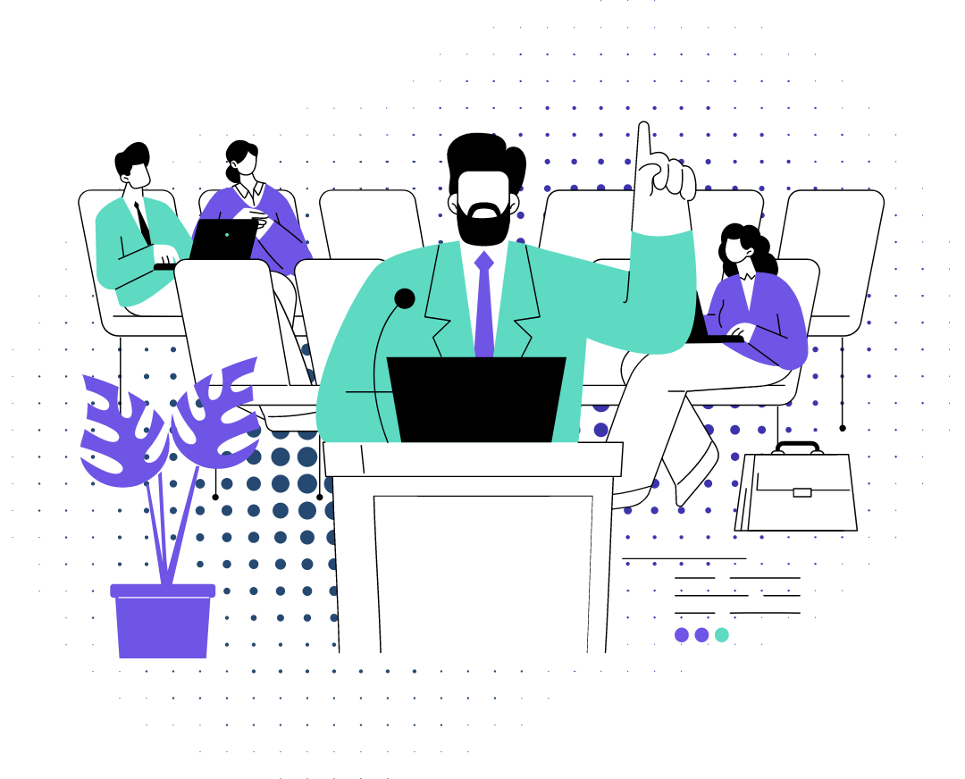 Illustration of a government representative speaking at a podium with one hand raised, addressing an audience. The audience members are seated with laptops, engaging with the presentation. The illustration uses a color scheme of teal, purple, and white.