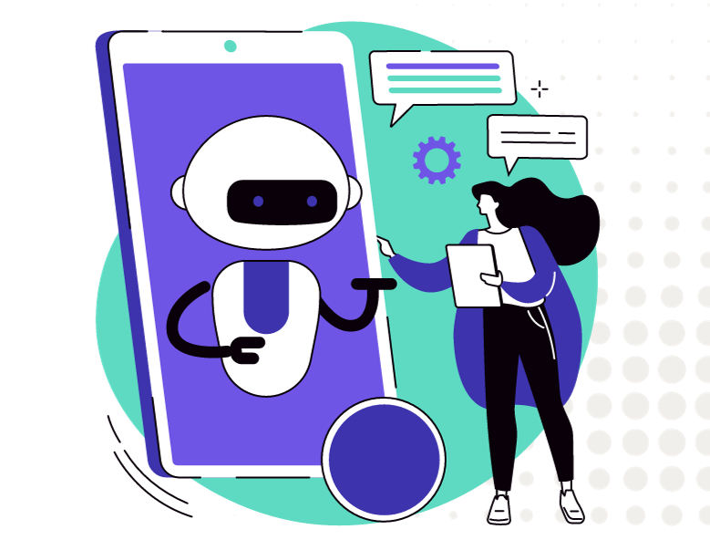 Graphic illustration of woman communicating with chatbot