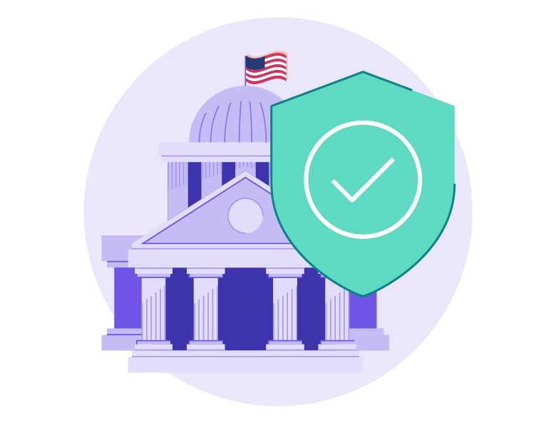 An illustration of a government building with pillars and a dome, topped with a US flag. A green shield with a checkmark overlays the image, symbolizing security.