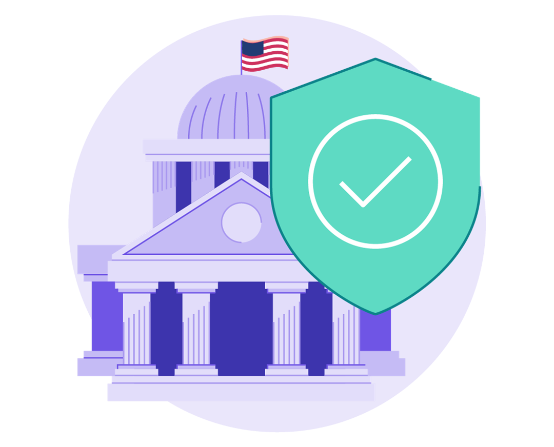 An illustration of a government building with pillars and a dome, topped with a US flag. A green shield with a checkmark overlays the image, symbolizing security.