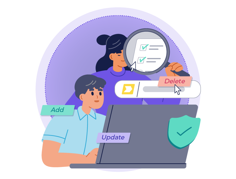 Illustration of two people collaborating on a laptop, representing digital change management. One person is looking at a magnified checklist with green checkmarks, while the other is engaged with a digital interface