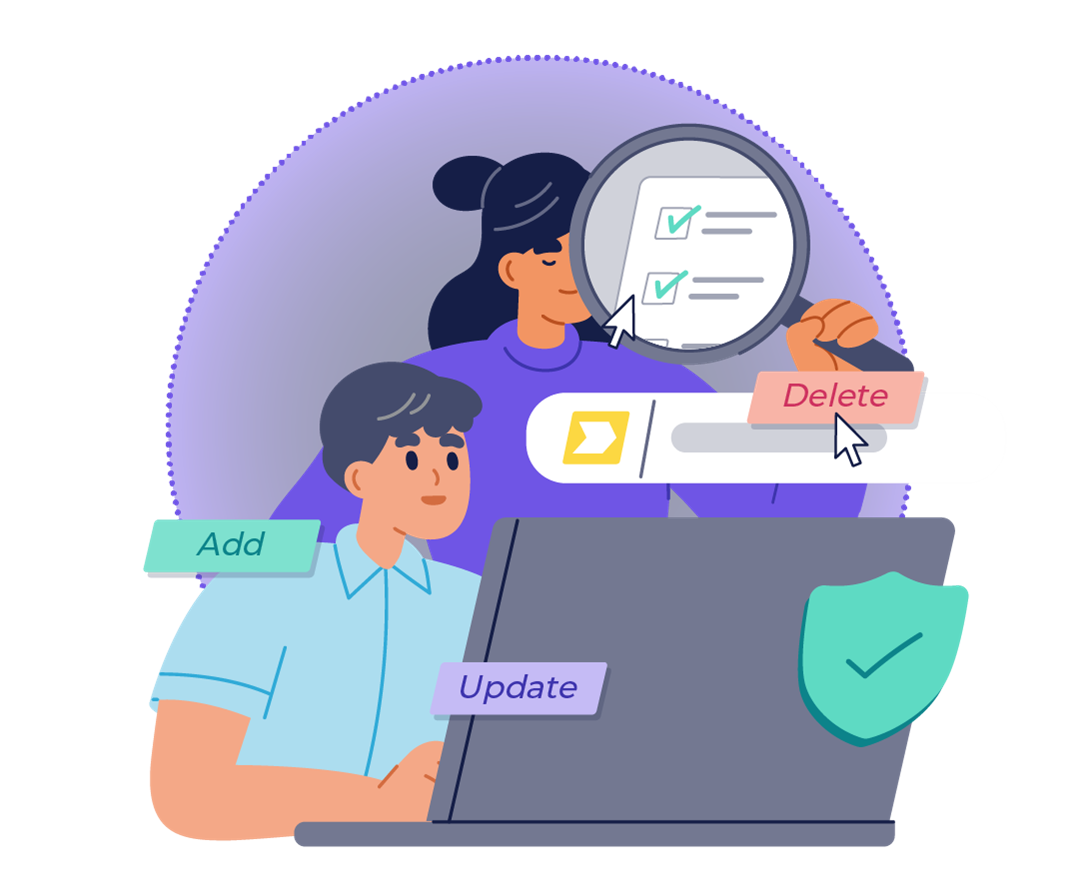 Illustration of two people collaborating on a laptop, representing digital change management. One person is looking at a magnified checklist with green checkmarks, while the other is engaged with a digital interface