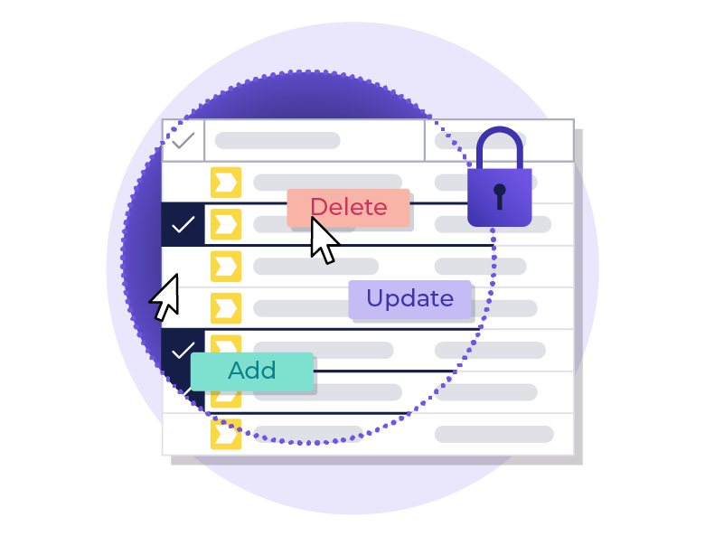 An illustration of a secure, structured workspace within OrbusInfinity. The image shows a digital interface with options to "Add," "Update," and "Delete" content, highlighted by a cursor selection.