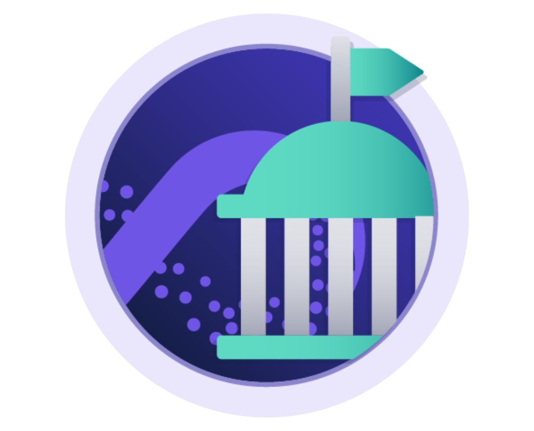 An illustration of a government building with a dome and flag, set inside a circular design with abstract purple and blue dotted patterns in the background.