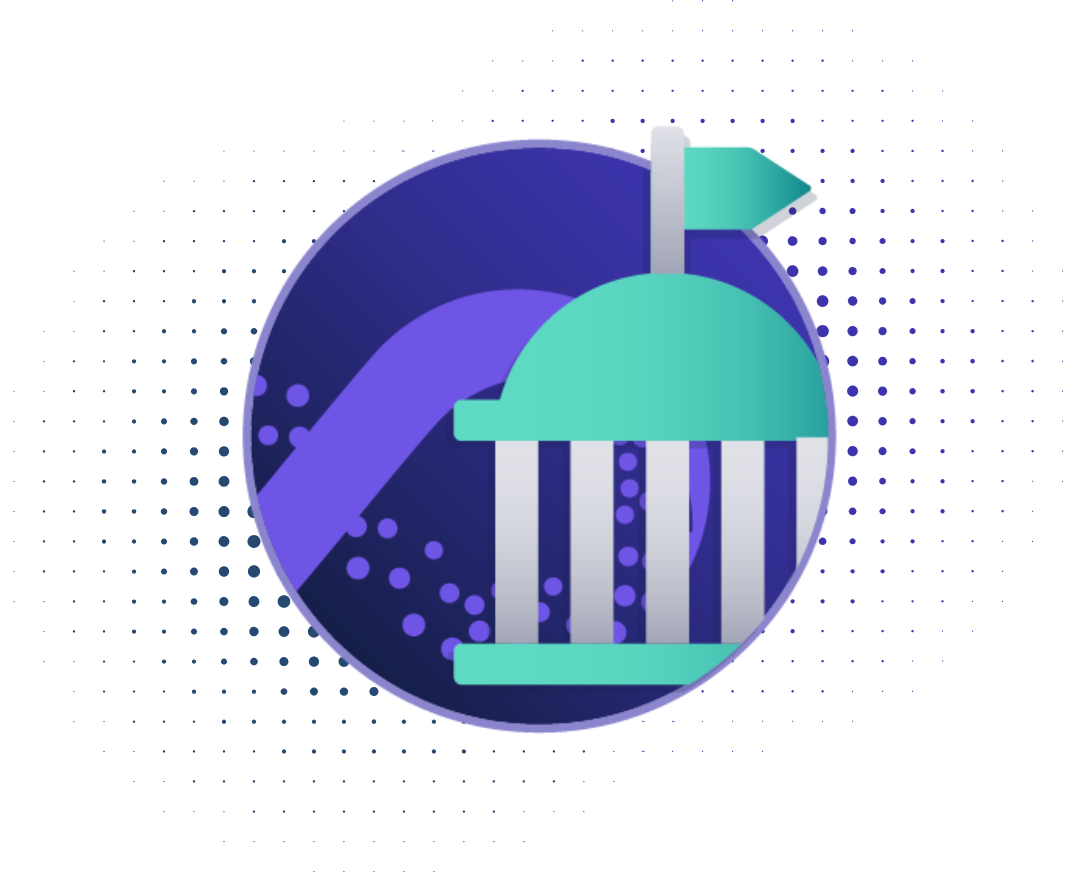 An illustration of a government building with a dome and flag, set inside a circular design with abstract purple and blue dotted patterns in the background.