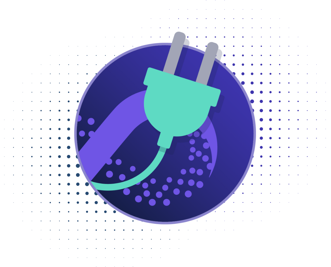 A circular icon with a dark purple background featuring a stylized green power plug.  The icon represents OrbusInfinity Flow, an iPaaS solution by Orbus Software, symbolizing integration and connectivity.