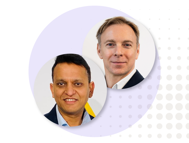 Headshots of Rupert Colbourne, CTO at Orbus Software, and Vikas Goel, AI Advisor and Director at Shiker Consulting, displayed in circular frames with a dotted background