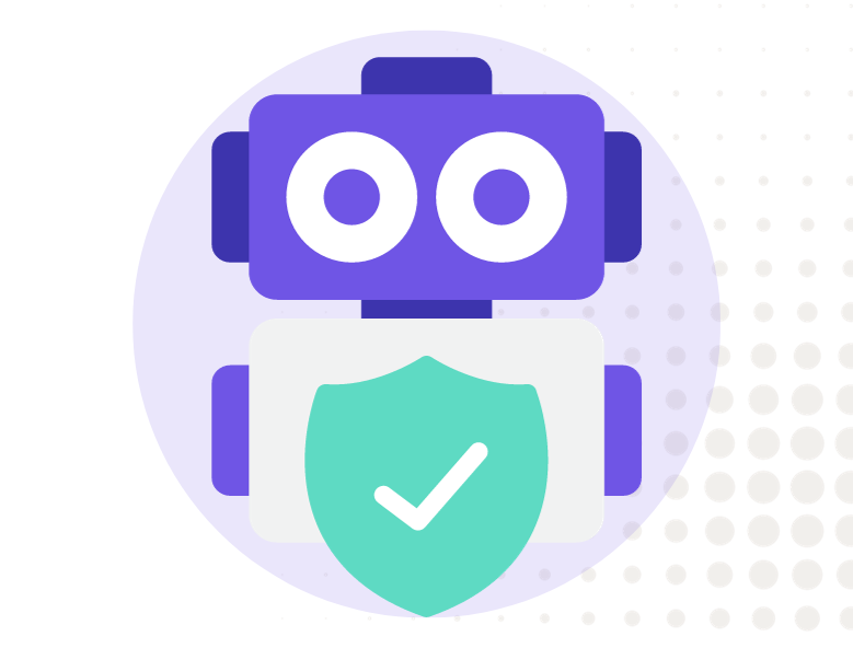 Graphic illustration of a robot with a certification tick/shield