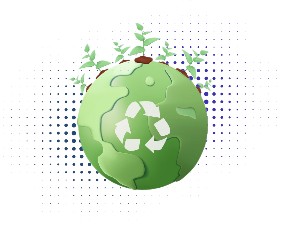 Graphic illustration of a generic sustainability icon - a green earth with soil, plants growing from it, and a recycling symbol