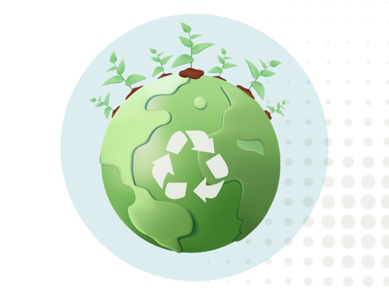 Graphic illustration of a generic sustainability icon - a green earth with soil, plants growing from it, and a recycling symbol