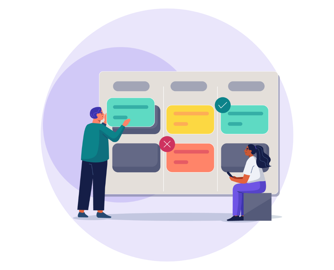 Illustration of two people evaluating options on a comparison board, symbolizing the decision between IT platforms for strategic planning