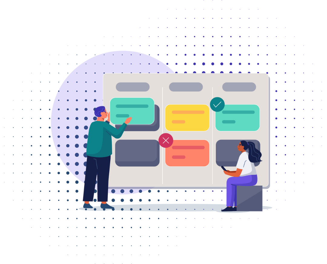 Illustration of two people evaluating options on a comparison board, symbolizing the decision between IT platforms for strategic planning