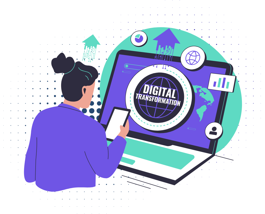 Illustration of a person interacting with a digital transformation interface displayed on a laptop. The screen shows a globe labeled 'Digital Transformation,' surrounded by icons for data charts, a network, and user profiles.
