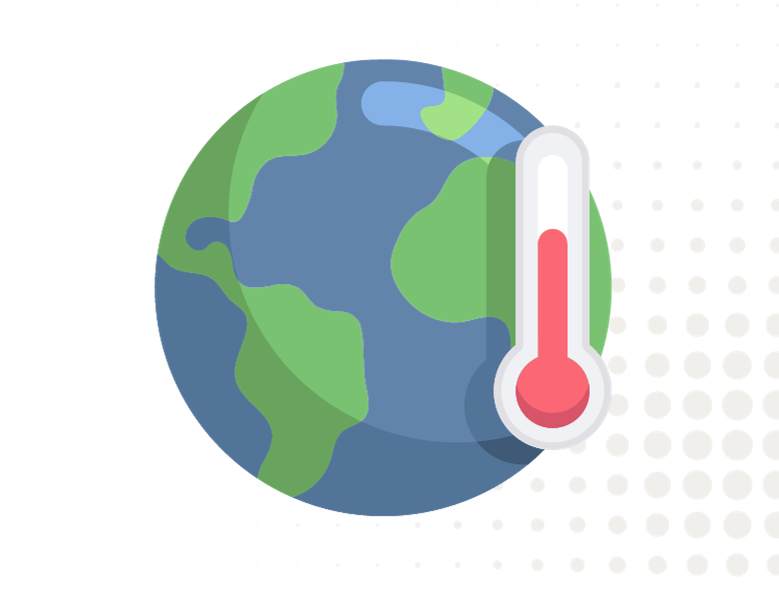 Graphic illustration of earth with thermometer next to it